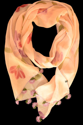 GiGi Collection Oblong Silk Scarf -  Light Peach & Lavender & Orangered & Peach & Green & Bordeaux with Lavender & Green lace
