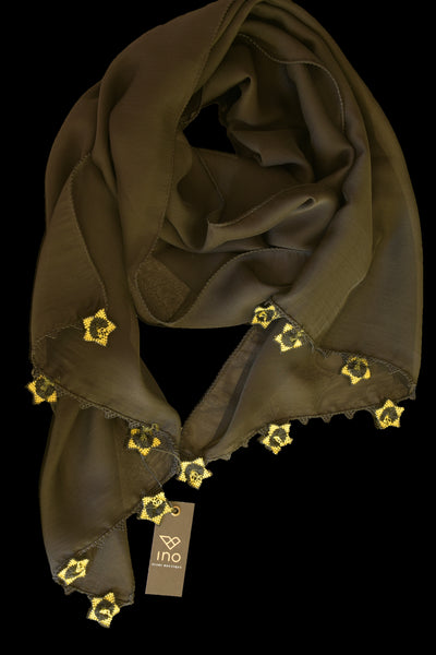 GiGi Collection Oblong Silk Scarf - Black with Yellow & Black lace – Ino