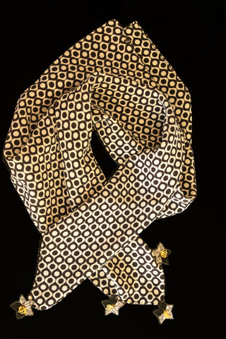 GiGi Collection Silk Neck Scarf  - White & Black dots with Black & White & Yellow lace flowers