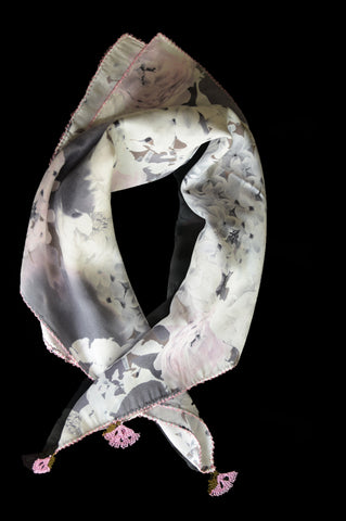 GiGi Collection Silk Neck Scarf  - Gray & White & Sand Pink with Pink & Green  lace
