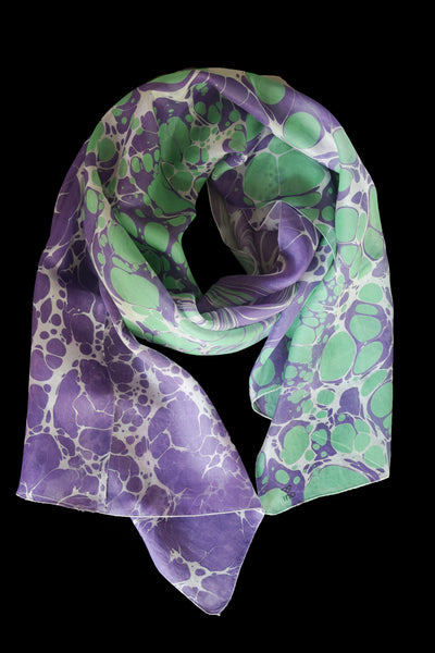 Marble Collection Handmade Silk Scarf - Darkorchid Purple & Aquamarine marbled silk