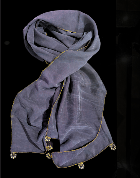 GiGi Collection Oblong Silk Scarf - Stone Washed Navy with Yellow & Navy lace