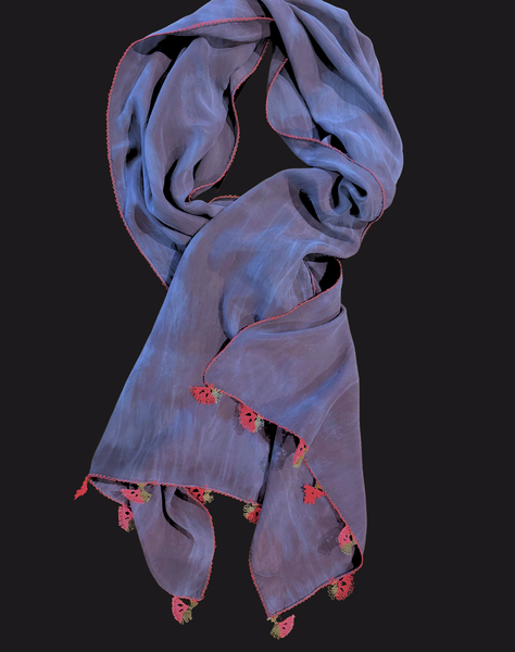 GiGi Collection Oblong Silk Scarf - Stone Washed Navy with Red and Green lace