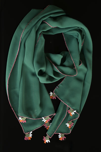 GiGi Collection Oblong Silk Scarf - Darkolive Green with Oranger & Coral & White & Green lace