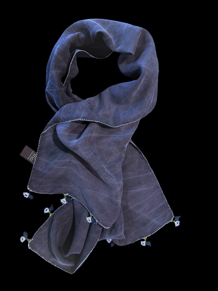 GiGi Collection Oblong Silk Scarf - Stone Washed Navy with Navy and White lace
