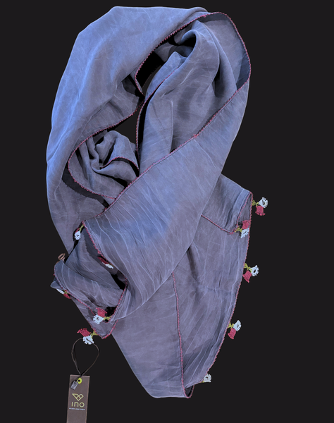 GiGi Collection Oblong Silk Scarf - Stone Washed Navy with Navy and Red lace