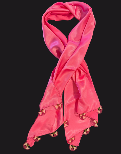 GiGi Collection Oblong Silk Scarf - Hot Pink with Dark Pink & Beige lace