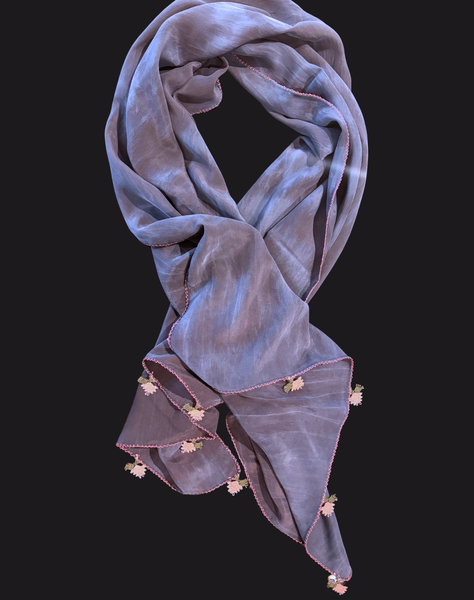 GiGi Collection Oblong Silk Scarf - Stone Washed Navy with Pink & Green  lace