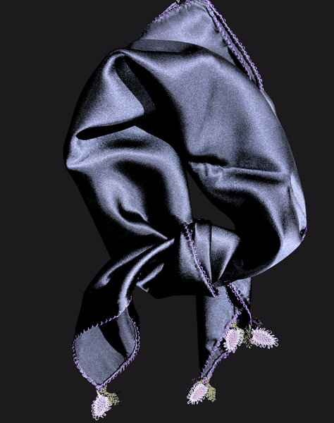 GiGi Collection Silk Neck Scarf - Black Saten with light Purple, White and Green lace