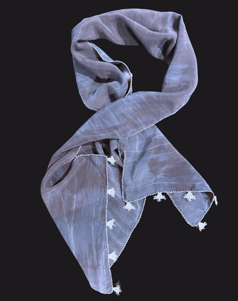 GiGi Collection Oblong Silk Scarf - Stone Washed Navy with White and Light Blue lace