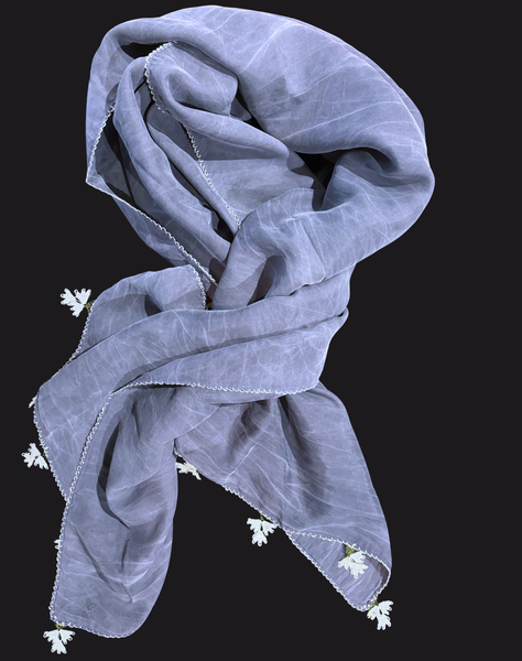 GiGi Collection Oblong Silk Scarf - Stone Washed Navy with White lace