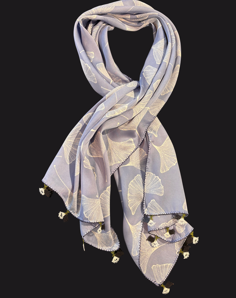 GiGi Collection Oblong Silk Scarf - Sky Blue and White Ginkgo flowers with White lace
