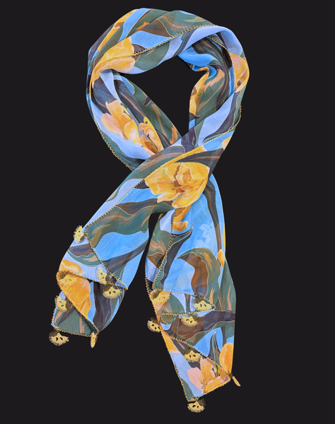 GiGi Collection Oblong Silk Scarf - Sky Blue and Yellow flowers with Yellow lace