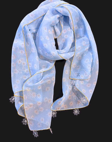 GiGi Collection Oblong Silk Scarf - Soft Blue and White Daisies with White lace