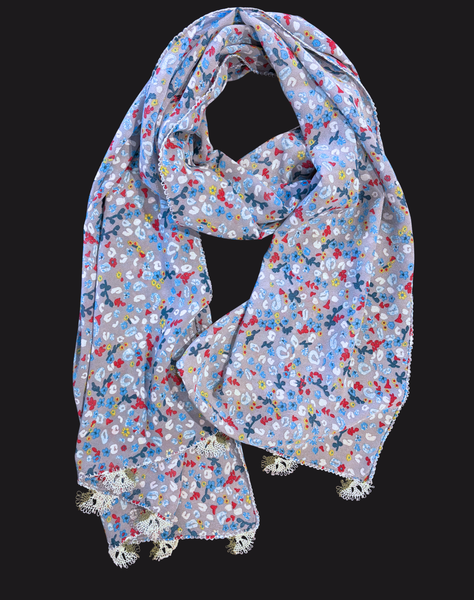 GiGi Collection Oblong Silk Scarf - White Red Blue Green small flowers on Gray Blue with White Lace