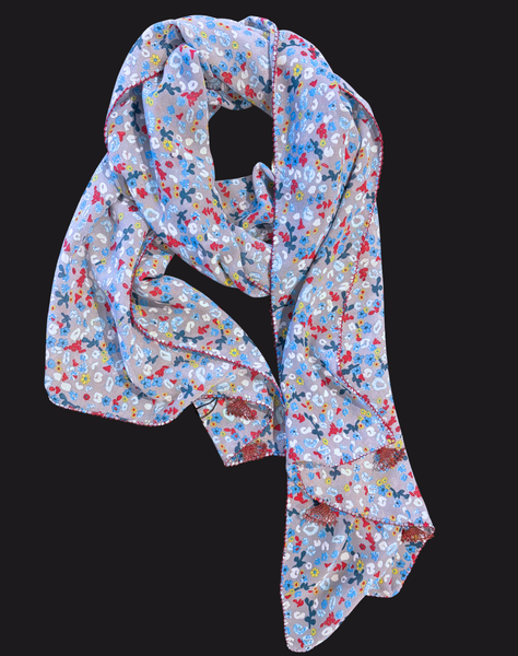 GiGi Collection Oblong Silk Scarf - White Red Blue Green small flowers on Gray Blue with Red Lace