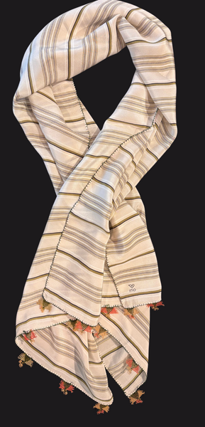 Green Striped fabric on Beige w/ orange beige flowers