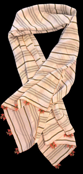 Green Striped fabric on Beige w/ orange beige flowers