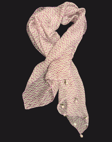 GiGi Collection Oblong Silk Scarf -  Light Cream, Dark Purple & Green with Purple & Green lace