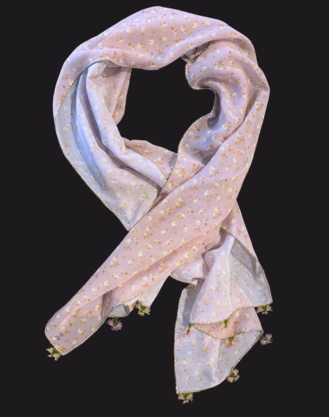 GiGi Collection Oblong Silk Scarf -  Beige & Brown & Yellow with Green & Beige lace