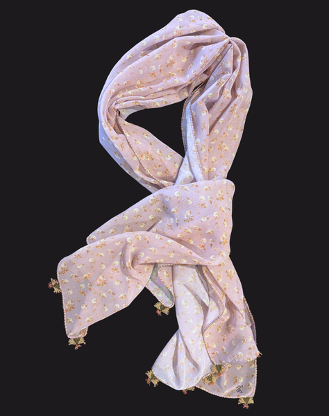 GiGi Collection Oblong Silk Scarf -  Beige & Brown & Yellow with Green & Yellow lace