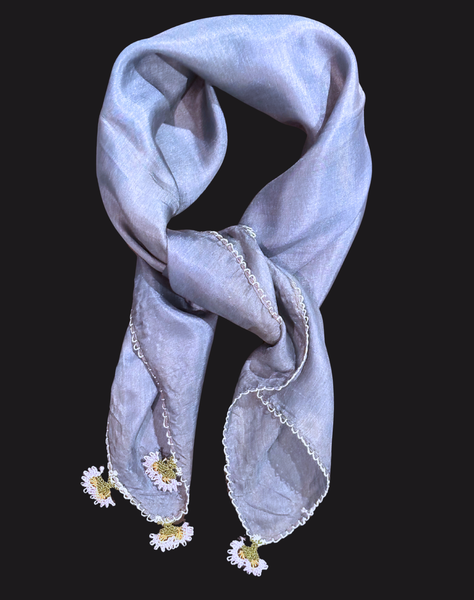 GiGi Collection Silk Neck Scarf - Dark Blue with White lace