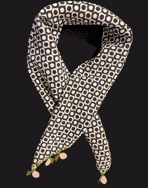 GiGi Collection Silk Neck Scarf  - Black & White with Light Pink & Black & Green lace leafs