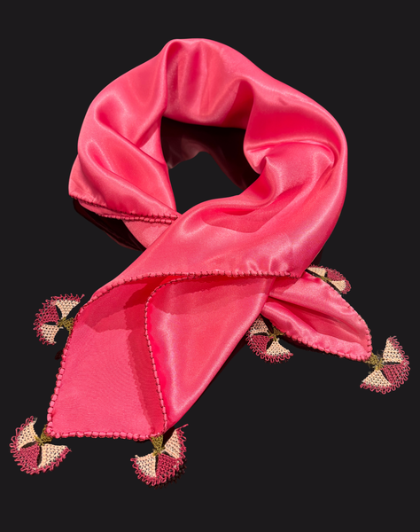 GiGi Collection Silk Neck Scarf - Hot Pink with Dark Pink & Beige lace