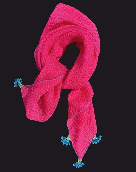 GiGi Collection Silk Neck Scarf - Bright Pink with Blue & Green lace flowers