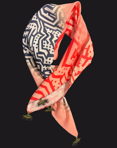 GiGi Collection Silk Neck Scarf  - Black & White & Red with Black & Green lace flowers