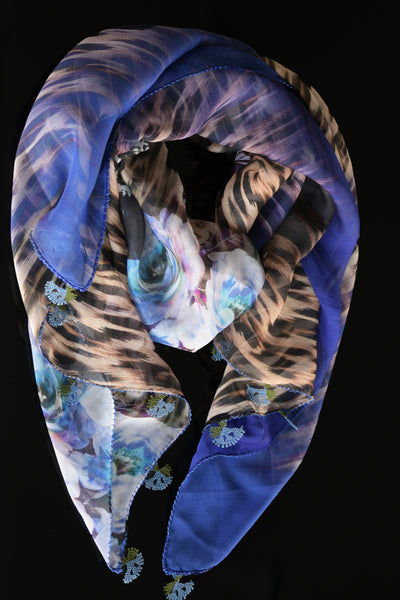GiGi Collection silk scarf with lace - animal print & blue & white with blue lace