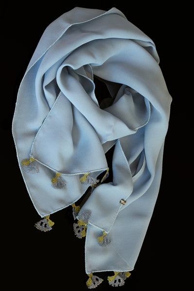 GiGi Collection Oblong Silk Scarf - Lightsteel Blue with Blue & Green lace