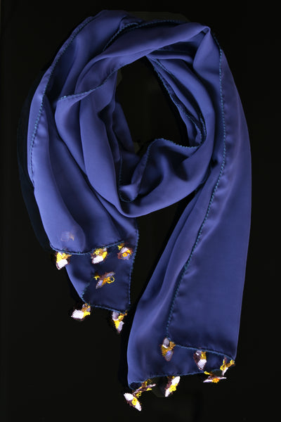 GiGi Collection Oblong Silk Scarf - Darkslate Blue  with Lavender & Yellow lace flowerss