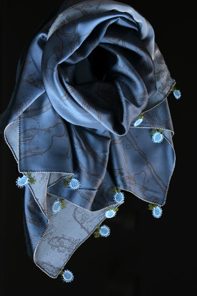 GiGi Collection Oblong Silk Scarf - Blue & Black with  Blue & White & Green lace