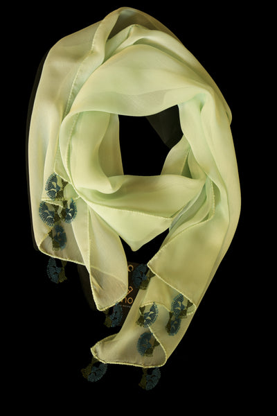 GiGi Collection Oblong Silk Scarf - Honeydew with Navy & Dark Green lace