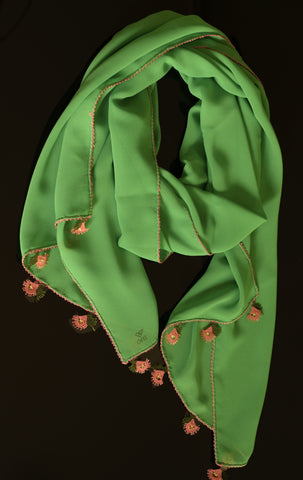 GiGi Collection Oblong Silk Scarf - Yellow Green with Coral & Green lace