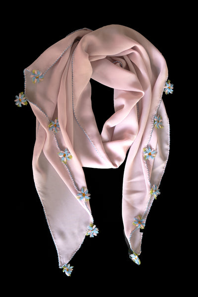 GiGi Collection Oblong Silk Scarf - Light Thistle Pink with Blue & Pink & Green lace flowers