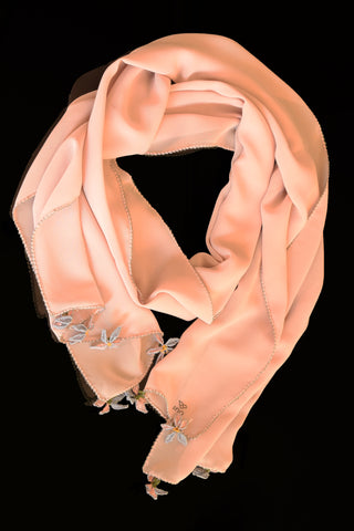 GiGi Collection Oblong Silk Scarf - Light Pink, blue edges, with Pink & Blue & Green & Yellow lace flowers