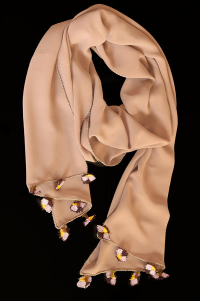 GiGi Collection Oblong Silk Scarf - Desert Sand with Maroon & Lavender & Yellow lace