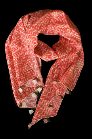 GiGi Collection Oblong Silk Scarf -  Orange red & Orange & White with Orange & White & Green lace