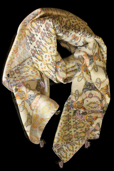 GiGi Collection Oblong Silk Scarf -  Cream & Lavender & Yellow & Peach & Black  with Lavender & Green lace