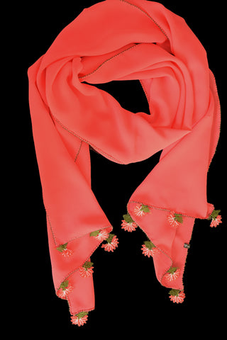 GiGi Collection Oblong Silk Scarf -  Coral with Coral & White & Green lace