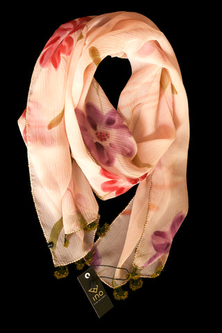 GiGi Collection Oblong Silk Scarf -  Light Peach & Lavender & Orangered & Peach & Green & Bordeaux with Olive Green & Green lace