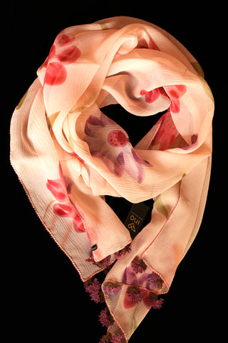 GiGi Collection Oblong Silk Scarf -  Light Peach & Lavender & Orangered & Peach & Green & Bordeaux with Bordeaux & Green lace