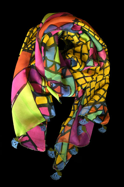 GiGi Collection Oblong Silk Scarf -  Yellow & Magenta & Orange & Blue & Green & Black with Blue & Green lace
