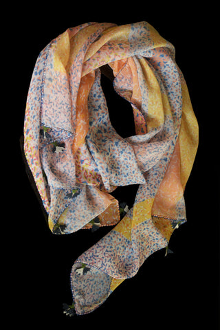 GiGi Collection Oblong Silk Scarf -  Yellow & Blue & Orange & Navy with Navy & White & Green lace
