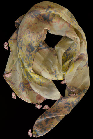 GiGi Collection Oblong Silk Scarf -  Cream & Pale Blue & Yellow & Sand Pink with Pink & White & Green lace