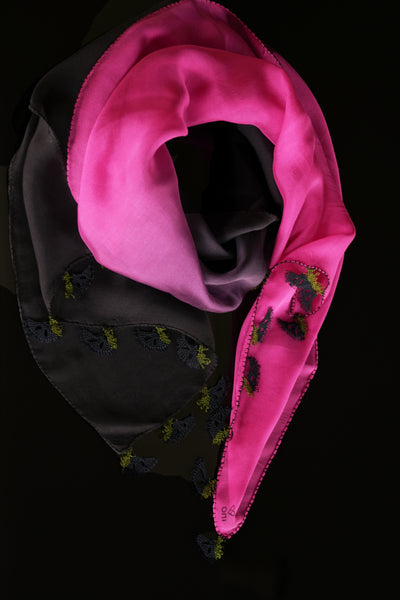 GiGi Collection Oblong Silk Scarf -  Black & Magenta Ombre with Dark Navy & Green lace
