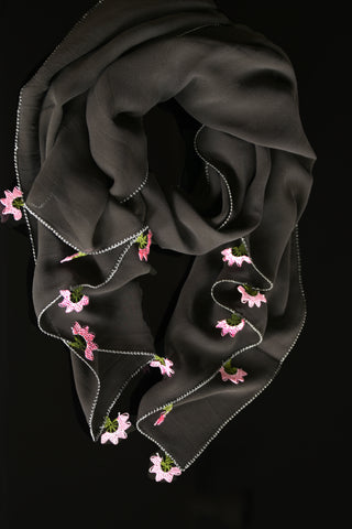 GiGi Collection Oblong Silk Scarf - Black with White Edges and Pink & Green lace