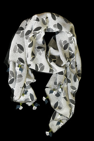 GiGi Collection Oblong Silk Scarf - Black & White abstract bees with White & Blue & Green lace